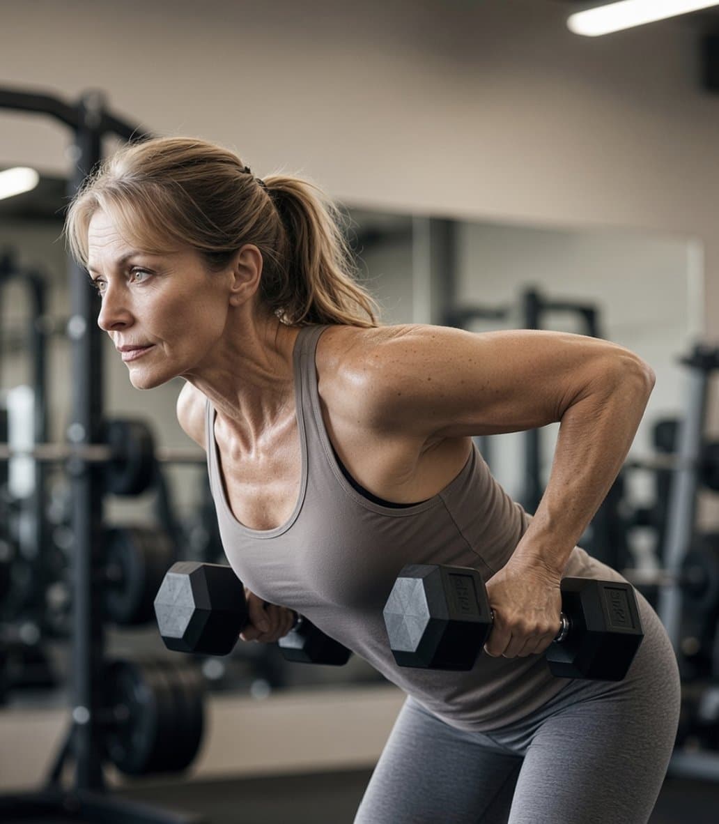 Midlife woman lifting dumbbells in a gym, representing VevaMD online menopause hormone therapy