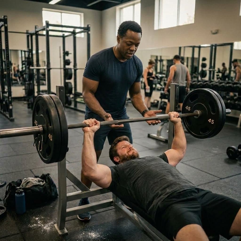 Man lifting weights with a spotter, representing VevaMD online testosterone replacement therapy