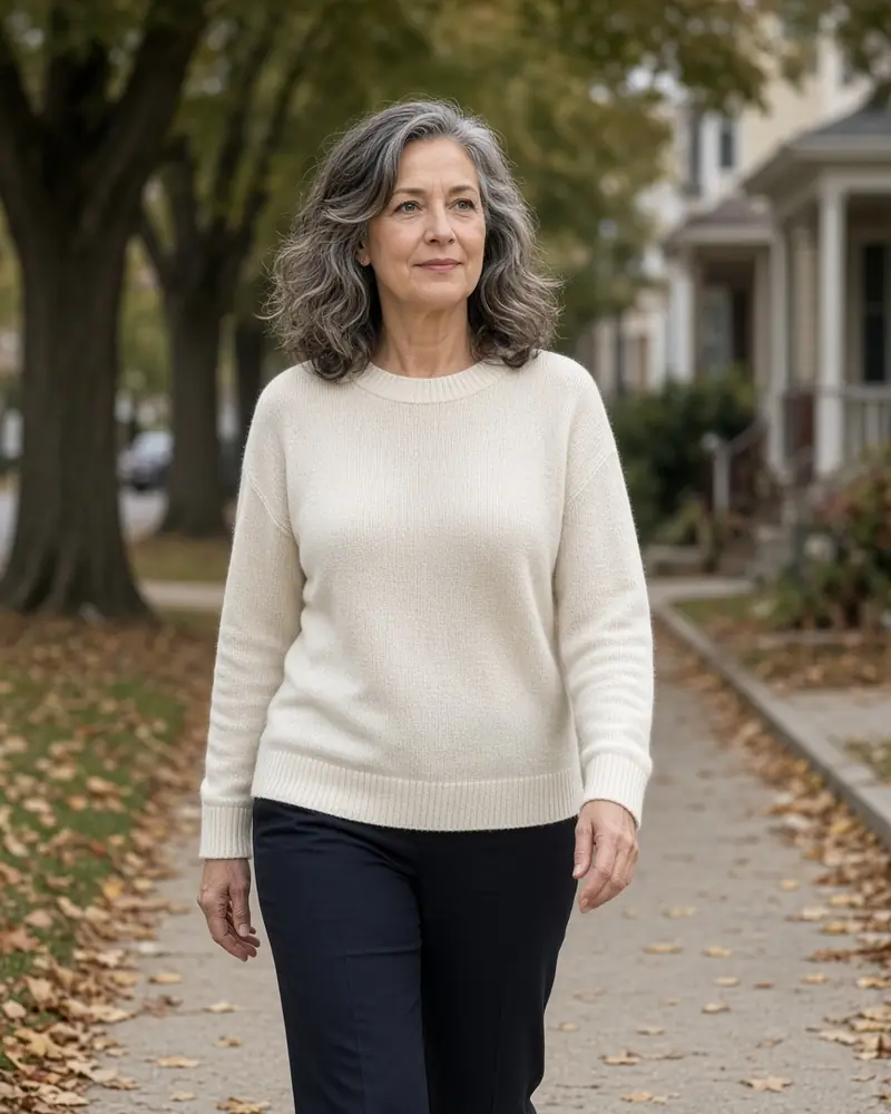Woman in her fifties walking on a tree-lined street