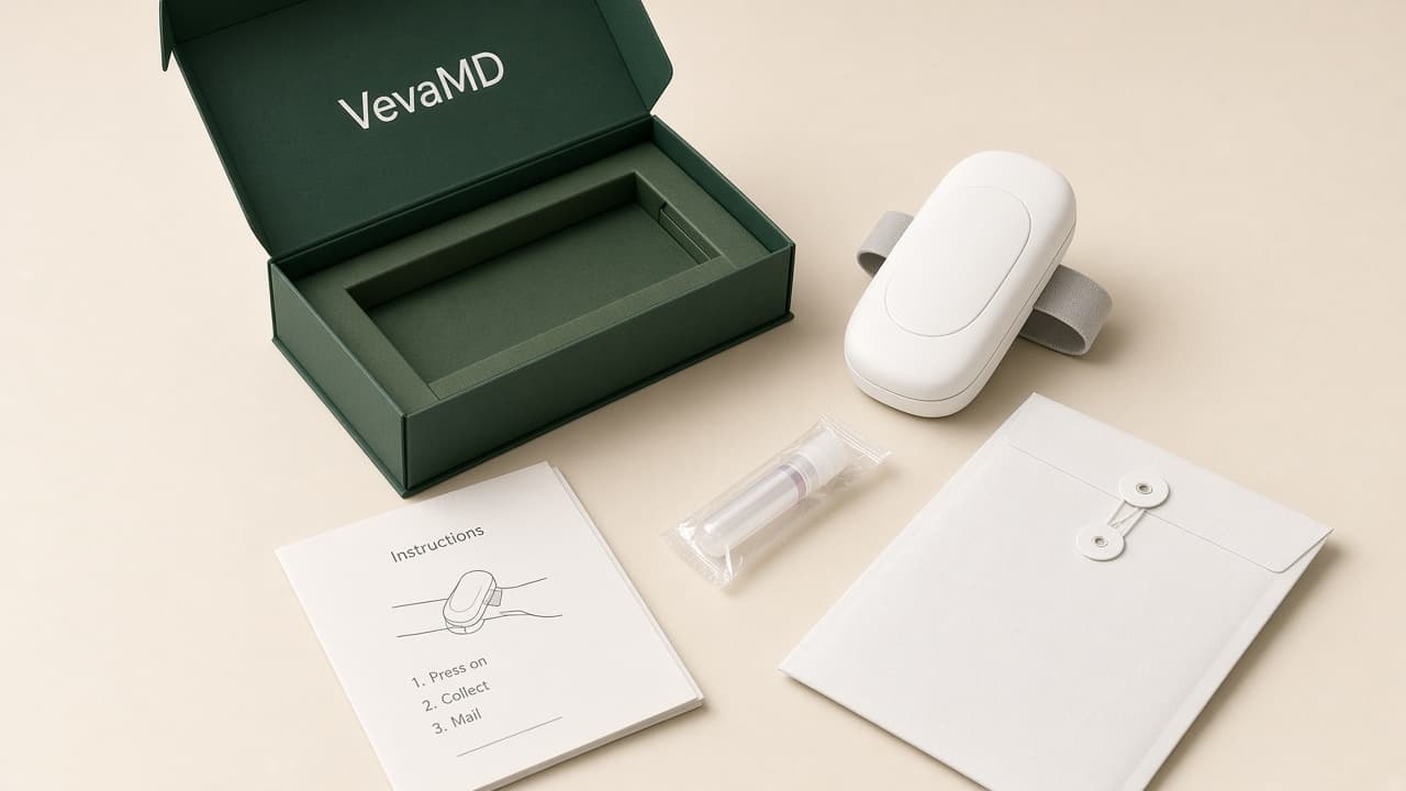 Open VevaMD kit box with a press-on blood collection device, sample tube, instruction card, and mailer