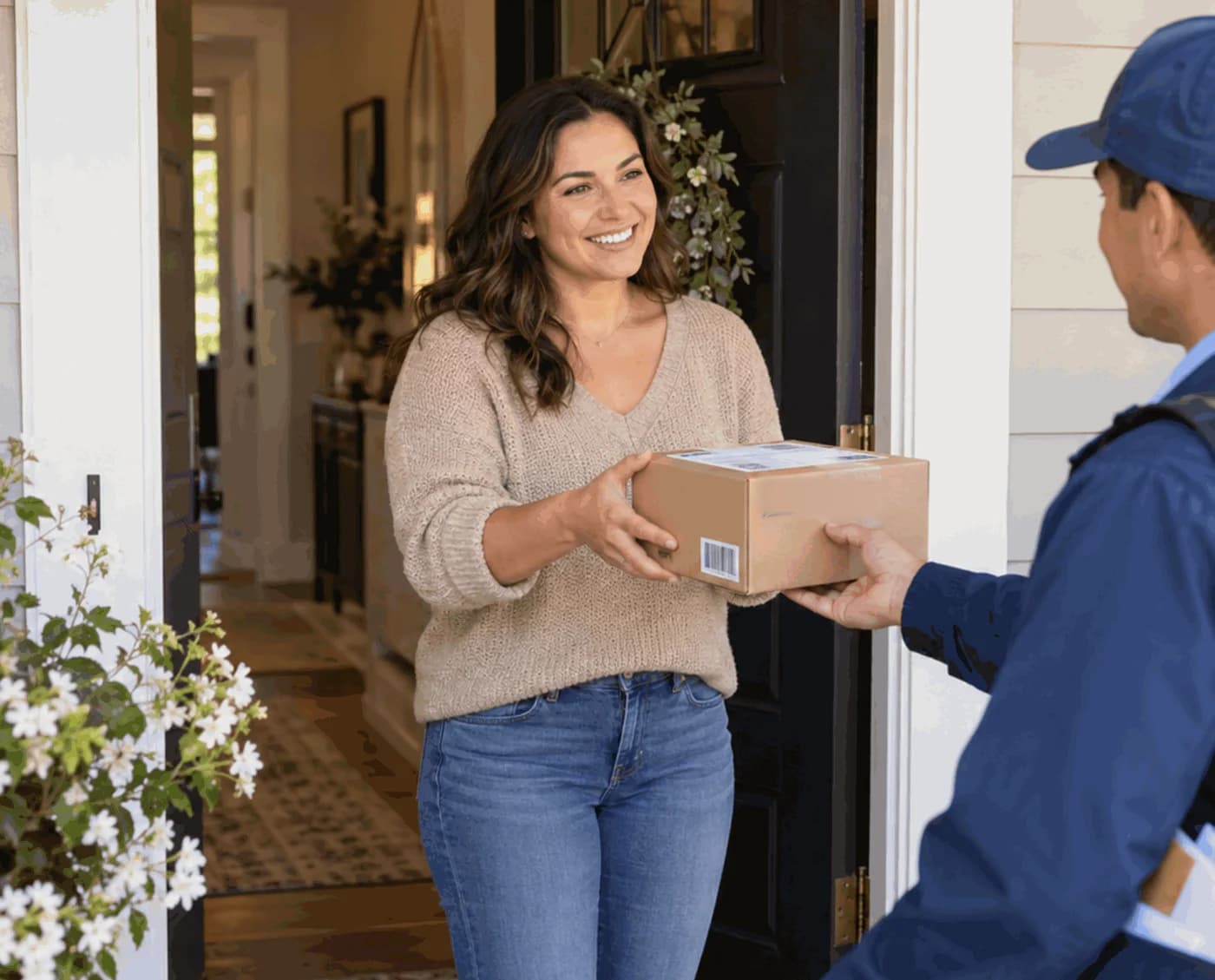 Smiling woman taking a package from a mail carrier at her front door