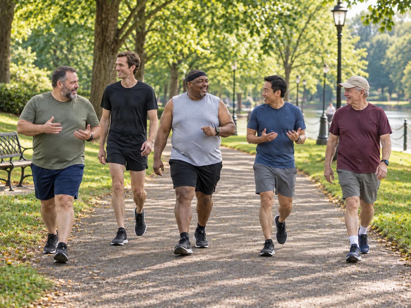 Five men of different ages and sizes walking and laughing together on a park path
